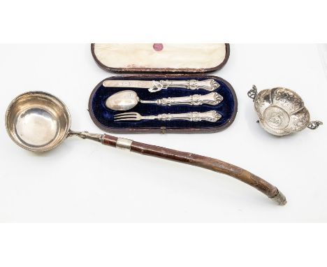 An early Victorian silver three piece christening set, ornate handles, the fork and knife engraved with initials, the reverse