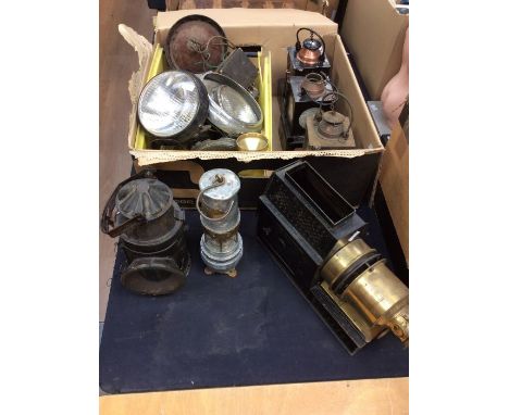 Collection of Vintage Lamps, Magic Lantern Miner’s Lamp,&nbsp;Car headlights with other similar items.