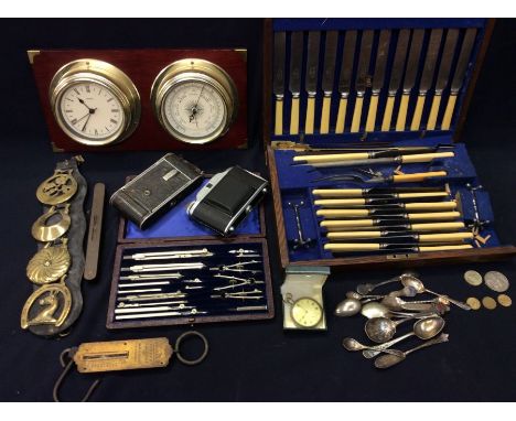 A collectors lot to include cutlery, brass wares, wall clock, barometer, cased draftsman's set, two vintage cameras, pocket w