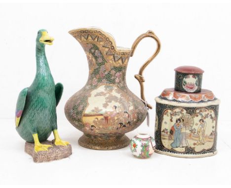 Collection of early Asian wares including tea caddy and duck figure