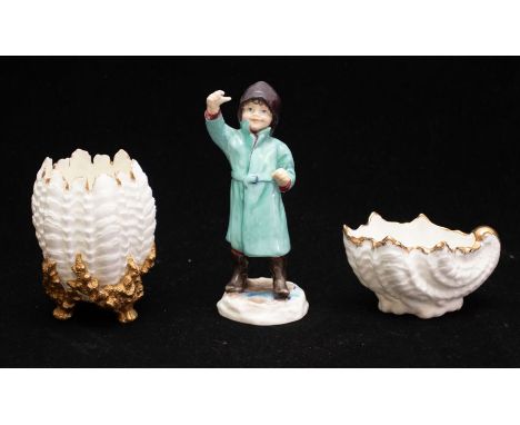 Two Coalport white ground with gilt detail shell dishes and Royal Worcester boy figure February