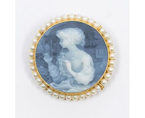 A Jasperware style, pearl 18ct gold gold cameo pendant brooch, comprising a circular portrait of a young woman, within a bord