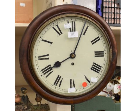 19th Century mahogany round station clock with Roman numerals and repainted dial, 8 day