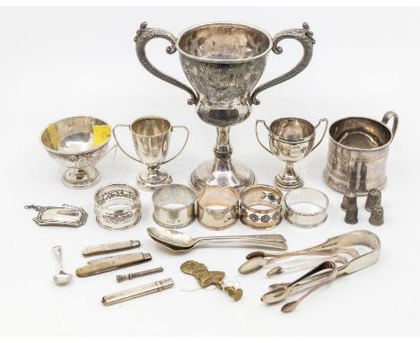 A collection of silver to include; a small christening mug with banded decoration, hallmarked for Birmingham 1925 by William 