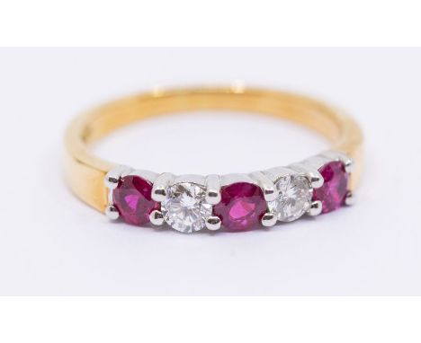 A ruby and diamond 18ct gold half eternity, comprising three round mixed cut rubies and two round brilliant cut diamonds, tot