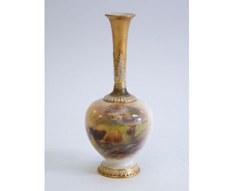 Harry Stinton for Royal Worcester, small narrow necked vase with Cattle and scenic painting and gilt decoration, approx. 17.5