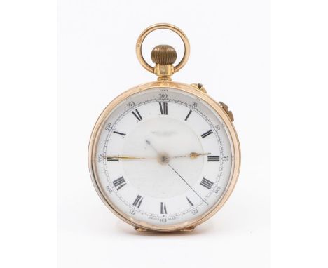 A 9ct gold John Russell London open faced pocket watch, white enamel dial with numeral hour markers, outer seconds track, gil