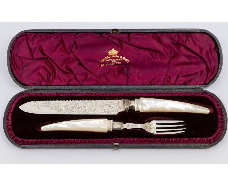 A Victorian cased carving set consisting of a silver bladed carving knife with mother of pearl&nbsp; handle and matching silv