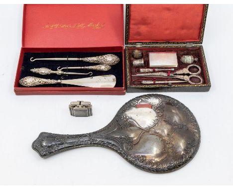 A collection of silver and white metal  to include a white metal Victorian cased ladies sewing set comprising scissors, thimb