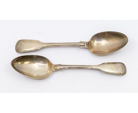 A pair of early Victorian silver fiddle and thread pattern serving / table spoons, London 1840, maker John & Henry Lias, leng