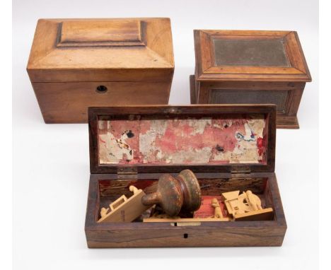 Mocklin style 19th Century glove box, 19th Century mahogany tea caddy and oak trinket box with brass etched panels