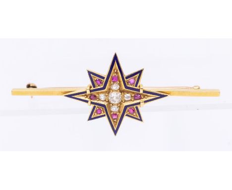 A late Victorian early Edwardian diamond and ruby enamel 18ct gold  bar brooch, comprising a large star motif, the eight raye