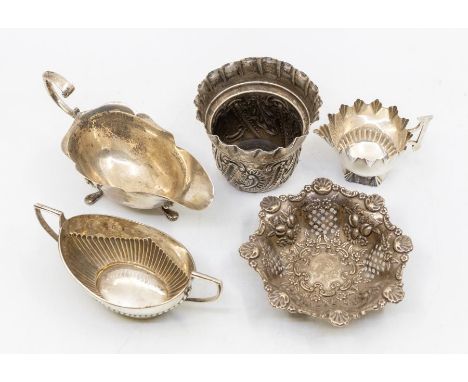 A group of 20th Century silver to include: small jardiniere, reticulated bon bon dish, two handled sugar bowl, small gravy / 