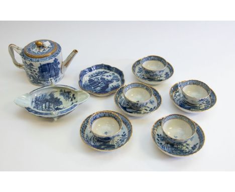 A collection of Oriental blue and white ceramics to include; A gilt decoration Tea pot (chipped, and broken and re-glued hand
