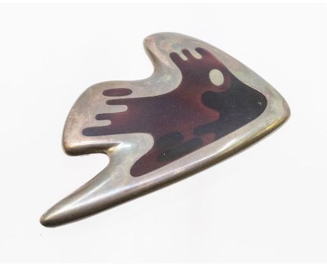 Georg Jensen- a silver and purple enamel brooch designed by Henning Kopel no; 307 "Amoeba" design, length approx 60mm x 35mm,