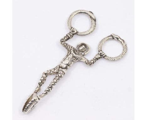 A pair of Edwardian silver novelty Harlequin sugar tongs, realistically cast with coiled snake handles and shell bowls, hallm