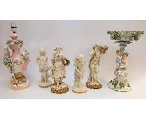 A pair of late 19th century Worcester Parian figures, a pair of 19th century Continental pottery figures, a pink ground potte