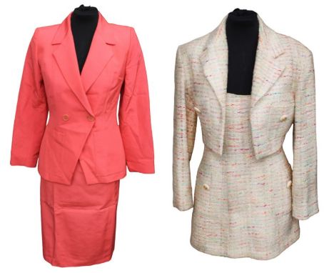 A collection of vintage clothing to include an Yves Saint Laurent (variation) coral skirt suit, comprising a double breasted 