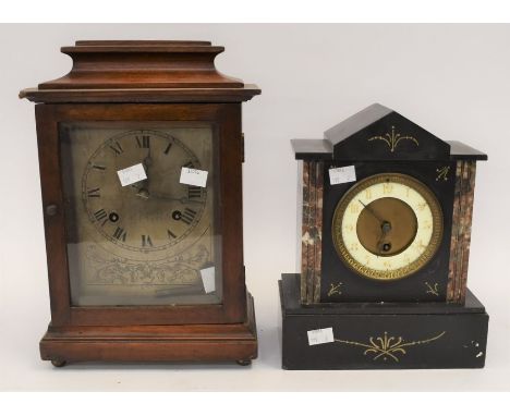 19th Century French slate mantle clock along with late 19th Century early 20th Century 8 day mahogany mantle clock