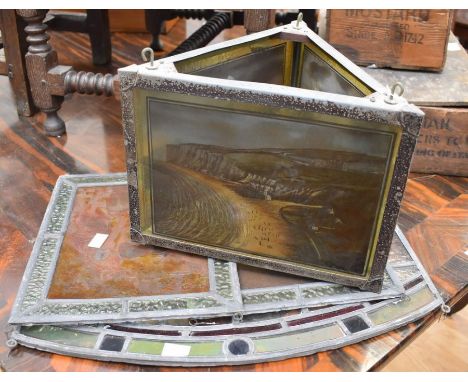 Collection of stained glass panels, three, plus a triangular light shade with different scenes
