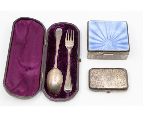 An Art Deco silver and enamel cigarette box, turquoise blue guilloche enamel cover with motif, the silver hallmarked William 