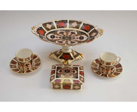 Royal Crown Derby Imari pattern 1128 footed comport, together with a boxed trinket box and two coffee cans with saucers