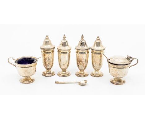 A Georgian style matched silver six piece condiment set comprising: pair of urn shaped salts and pair of urn shaped peppers, 