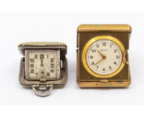 An Art Deco silver miniature purse clock, comprising a square green shagreen case opening to reveal a square dial with lume A