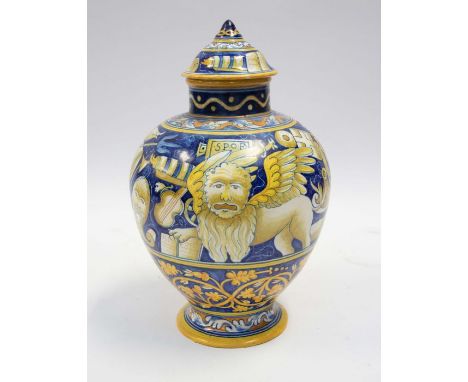 A 19th Century Cantagalli Renaissance style large vase and cover, the body painted with roundel with profile portrait of the 