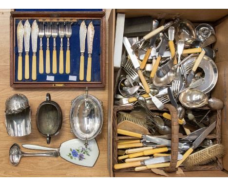 Collection of silver plated items including loose and cased flat wares, tea sets, dressing table sets and other dinner relate