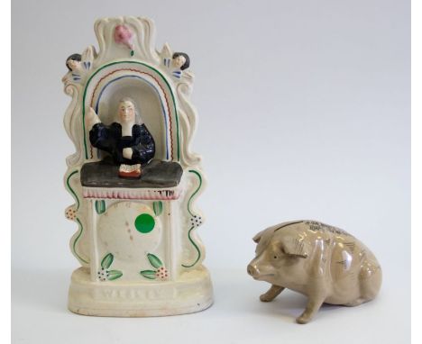 19th Century Staffordshire flat back of Wesley along with early 20th Century stone ware pig money box