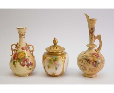 A small collection of Royal Worcester blush Ivory to include; a Spilsbury hand painted potpourri casket with roses decoration