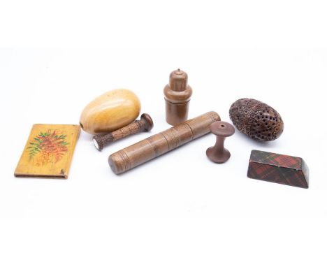 Treen: A collection of mainly sewing related wooden items to include; A Tartan ware "McClean Clan" small transfer printed nee