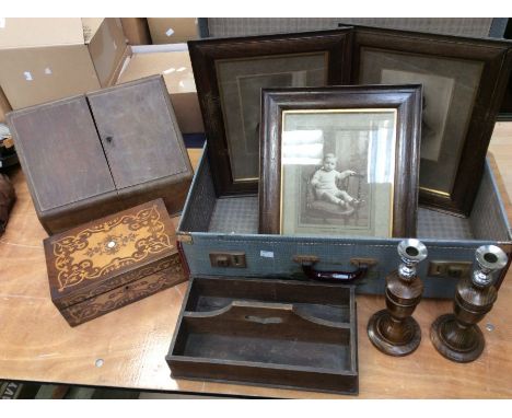 Early 20th inlaid trinket box, a writing box, 2 mid 20th century candlesticks and 3 oak framed prints in a suitcase.