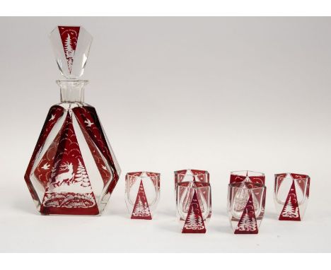 A Czech/Bohemian Art Deco ruby flash glass etched with stag and foliage design decanter and six liqueur glasses