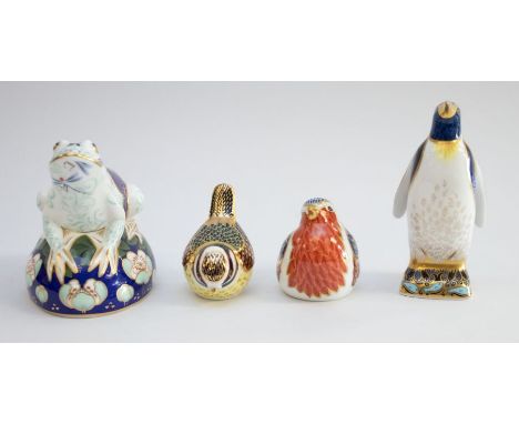 Four Royal Crown Derby gold stopper paperweights, penguin, frog money box, robin and blue tit