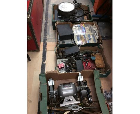 Collection of precision tools, other tools, reproduction station clock and a Yamaha music centre