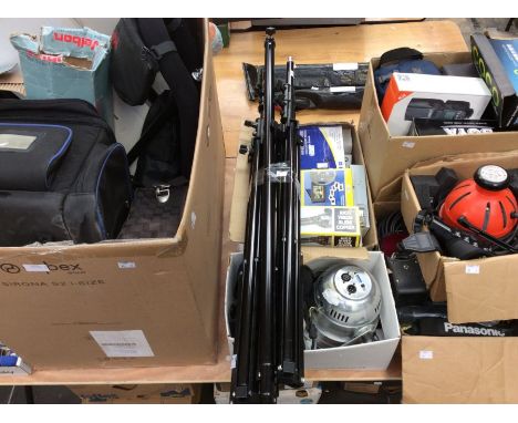 A quantity of photographic equipment to include backdrop stands, Neewer wall mounted camera supports, Panasonic AVCHD video c