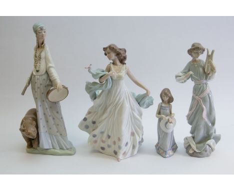 A small collection of Lladro figurines, to include: a Lady playing a harp/lyre (slightly chipped), approx. 31.5cm high; a You