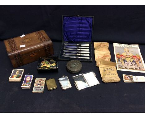 19th Century inlay trinket box, tokens great exhibition vest cased cigarette cards, butter knives, lidded box