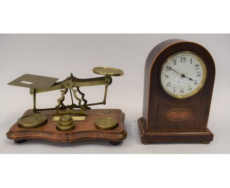 Edwardian mahogany mantle clock, along with late 19th Century Post Office scales