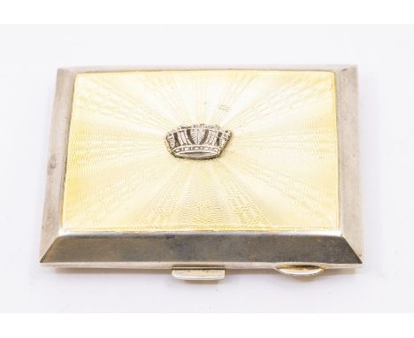 A George V silver and enamel cigarette case, the yellow radial enamel cover applied with a coronet, the reverse engraved with
