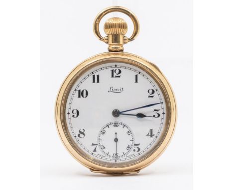 A gold plated Limit open faced pocket watch, white enamel dial with Arabic number markers, subsidiary at 6, blue steel hands,