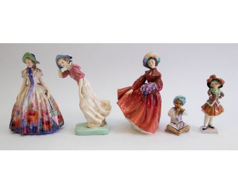 Royal Doulton - a collection of figurines: 'Easter Day' (perfect); 'Pearly Girl' (Perfect); 'Lilac Time' (cracked from base o