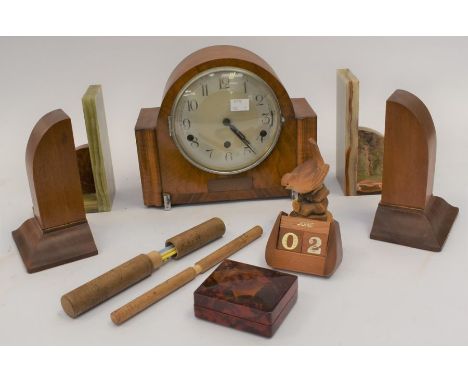 A 1950's mantle clock, 20th Century book ends and collection of treen