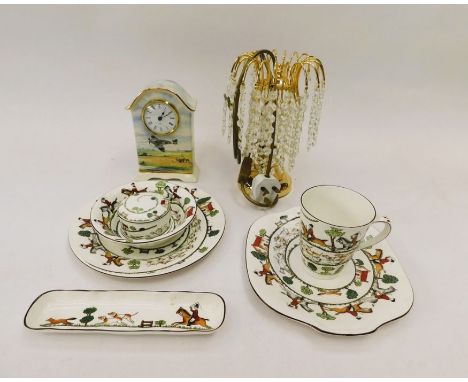 A small collection of Crown Staffordshire Hunting Scene ceramics to include; mugs, dishes, bowls and plates and a trinket box