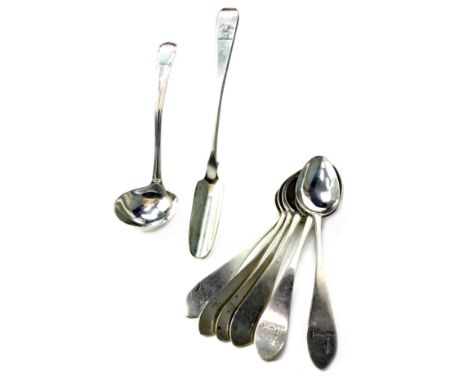 SET OF SIX GEORGIAN SCOTTISH SILVER TEASPOONS, maker AC&amp;C, Old English pattern, with engraved motif to finial, along with