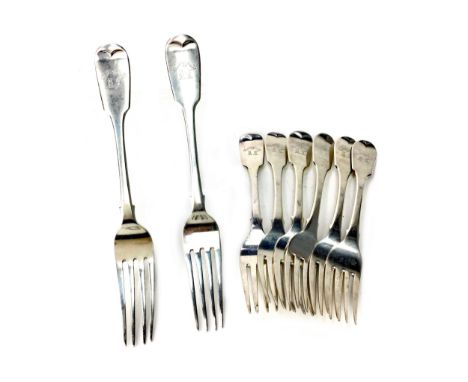 COMPOSITE SET OF EIGHT SCOTTISH SILVER FORKS, comprising four by maker A G Whighton, Edinburgh 1840, and four by likely maker