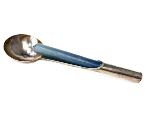 EARLY 20TH CENTURY WHITE METAL HANDHELD CANDLE LAMP, J key N mark, bowl reflector, the tapering handle with initialled termin