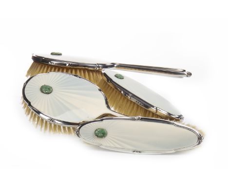 SILVER AND ENAMEL FIVE PIECE DRESSING TABLE SET, maker Albert Carter, Birmingham 1957, comprising two hair brushes, two cloth